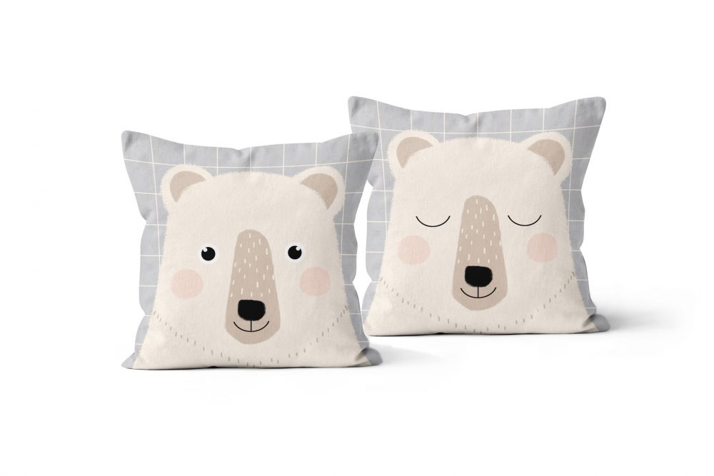 Two sided bear velvet cushion for kids, Made in France