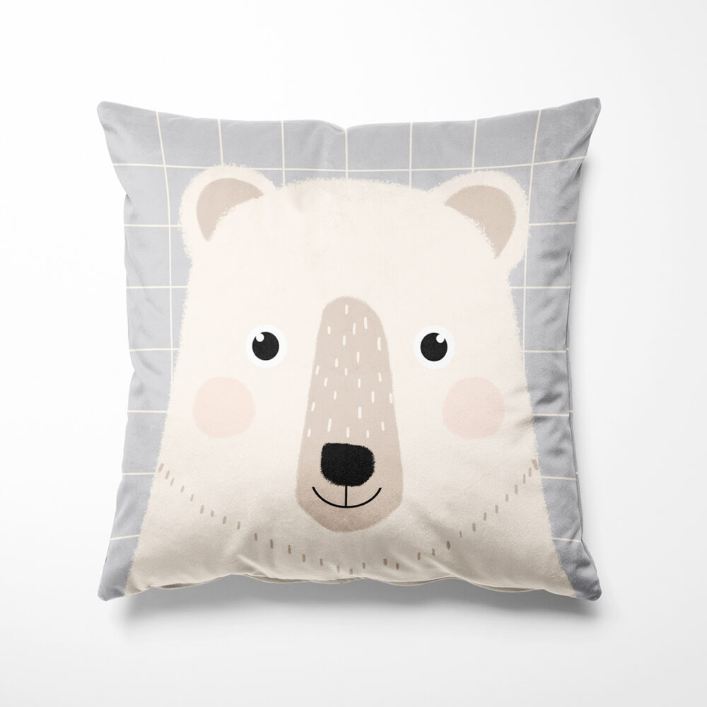 Soft velvet cushion with a bear face, Made in France