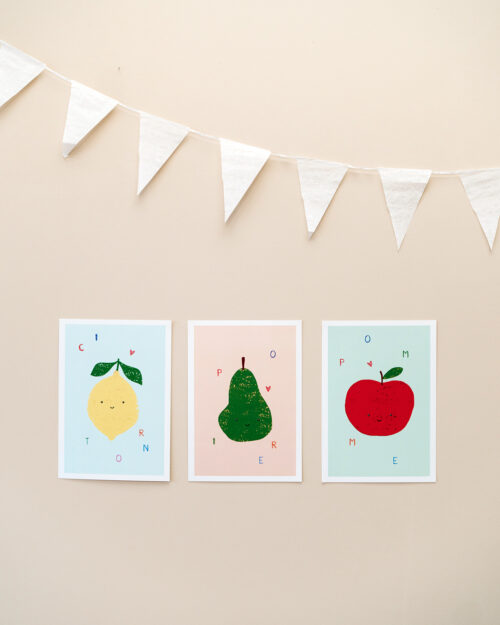 Affiches trio de fruits, pomme, citron, poire, Made in France